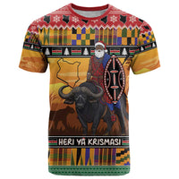 Kenya Safari Christmas T Shirt Black Santa Riding Cape Buffalo - Heri ya Krismasi - Wonder Print Shop