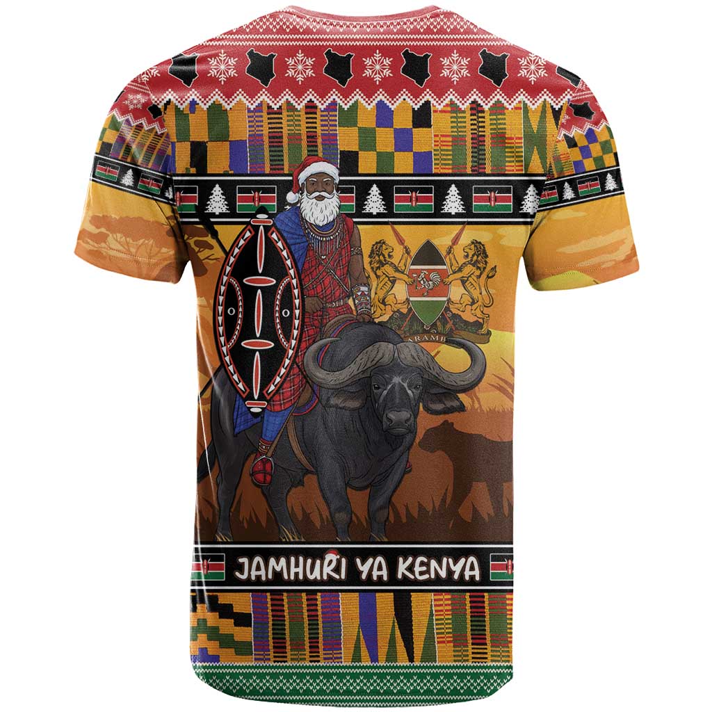 Kenya Safari Christmas T Shirt Black Santa Riding Cape Buffalo - Heri ya Krismasi - Wonder Print Shop