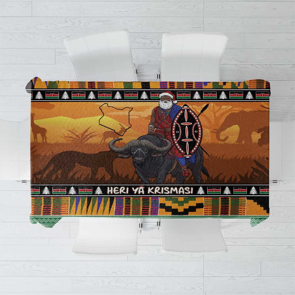 Kenya Safari Christmas Tablecloth Black Santa Riding Cape Buffalo - Heri ya Krismasi - Wonder Print Shop