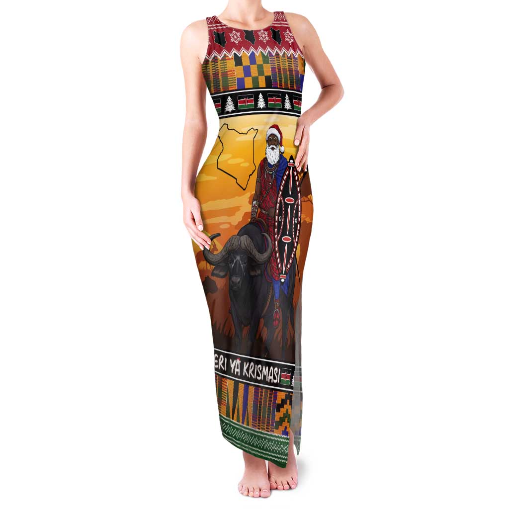 Kenya Safari Christmas Tank Maxi Dress Black Santa Riding Cape Buffalo - Heri ya Krismasi - Wonder Print Shop