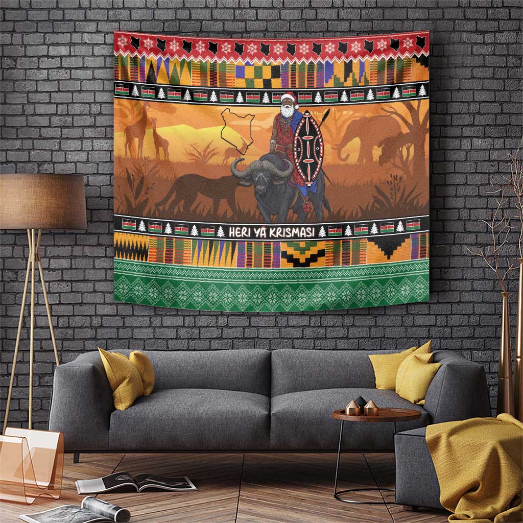 Kenya Safari Christmas Tapestry Black Santa Riding Cape Buffalo - Heri ya Krismasi - Wonder Print Shop