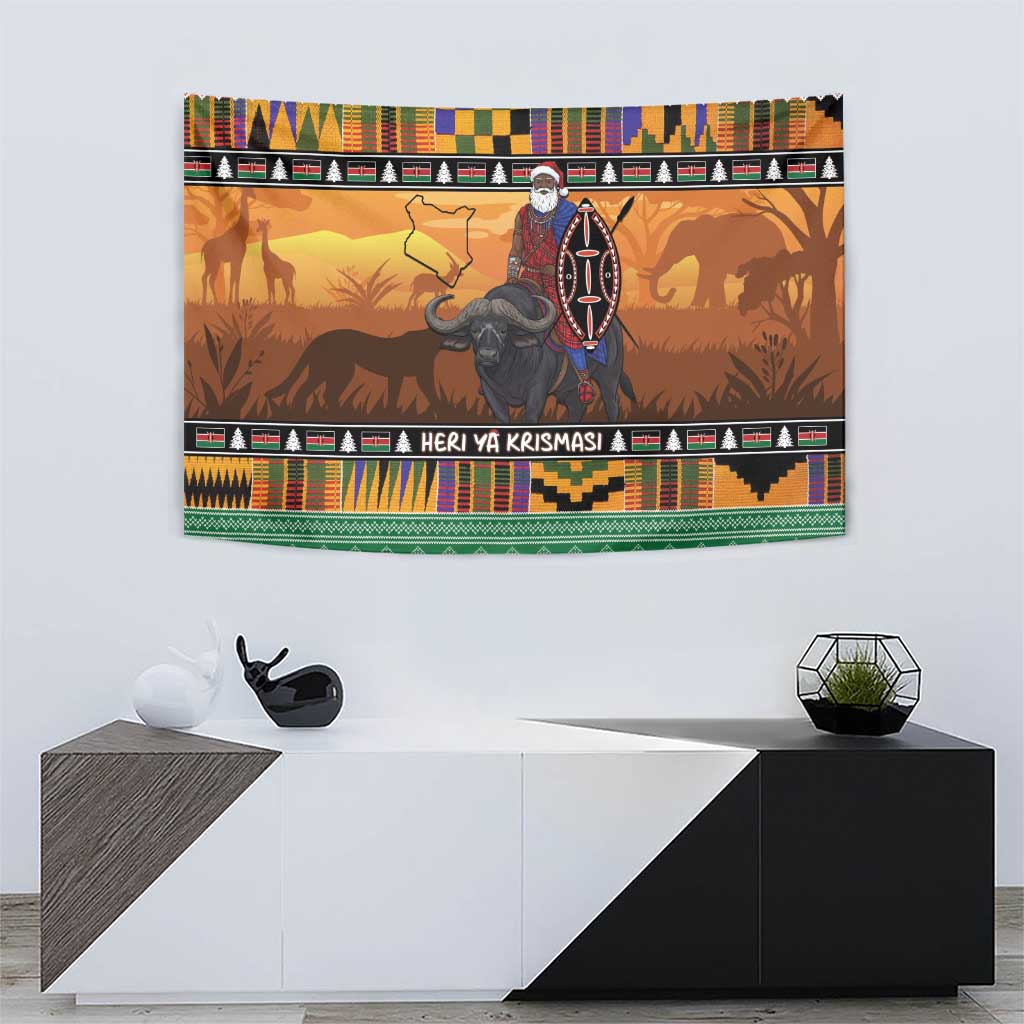 Kenya Safari Christmas Tapestry Black Santa Riding Cape Buffalo - Heri ya Krismasi - Wonder Print Shop