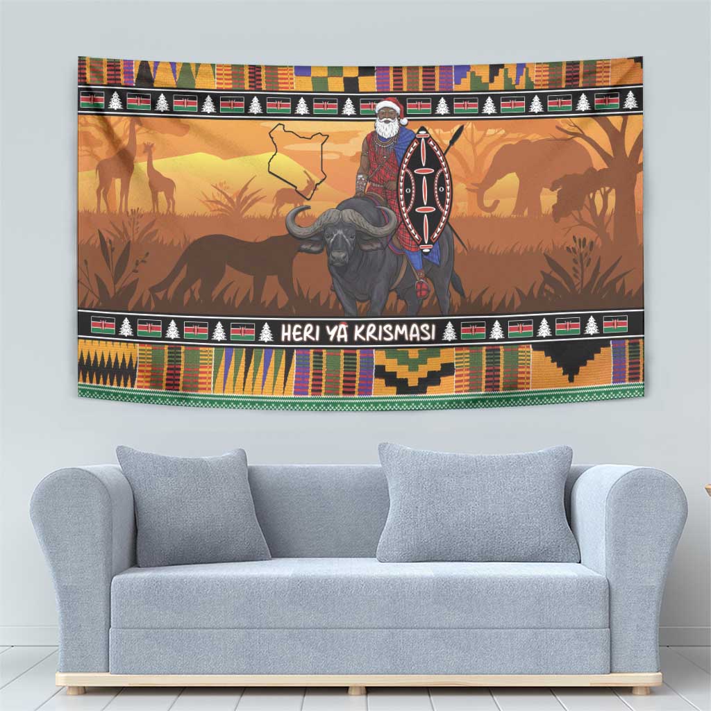 Kenya Safari Christmas Tapestry Black Santa Riding Cape Buffalo - Heri ya Krismasi - Wonder Print Shop