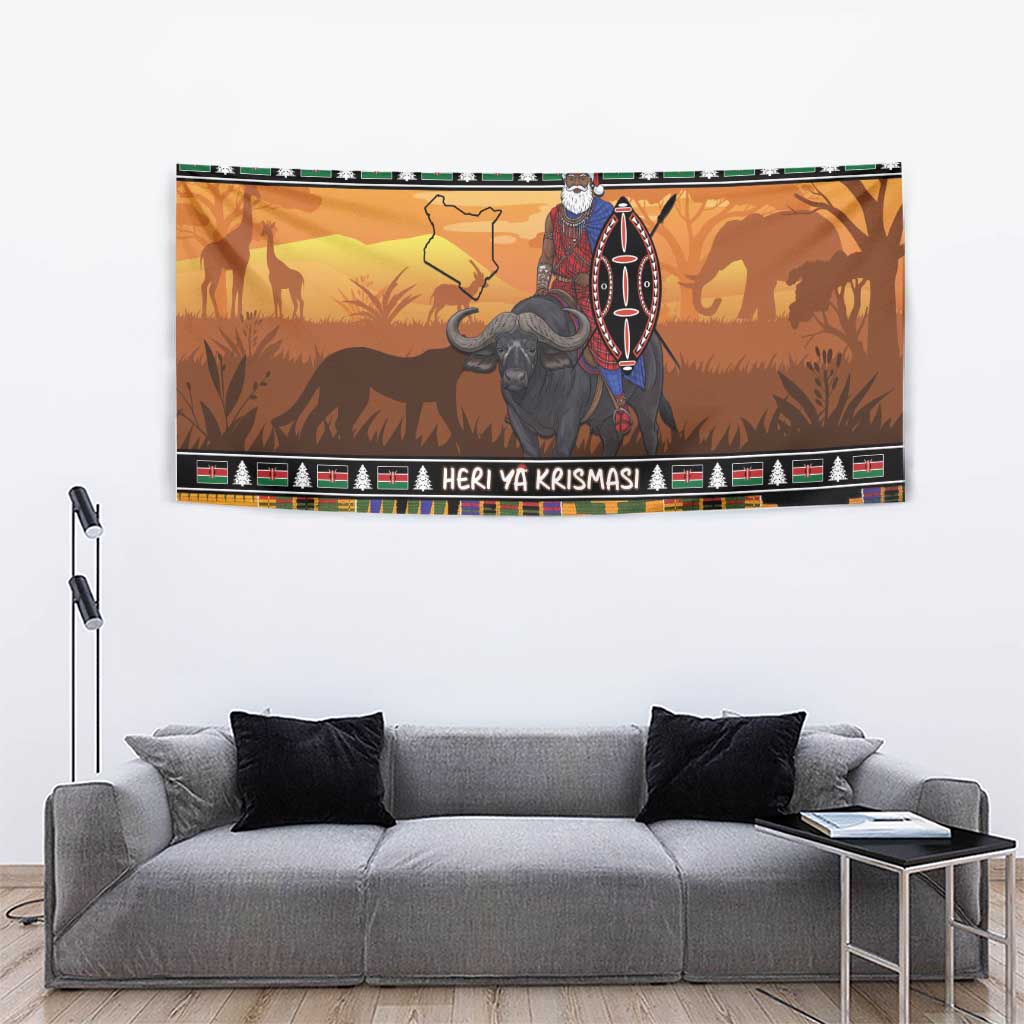 Kenya Safari Christmas Tapestry Black Santa Riding Cape Buffalo - Heri ya Krismasi - Wonder Print Shop