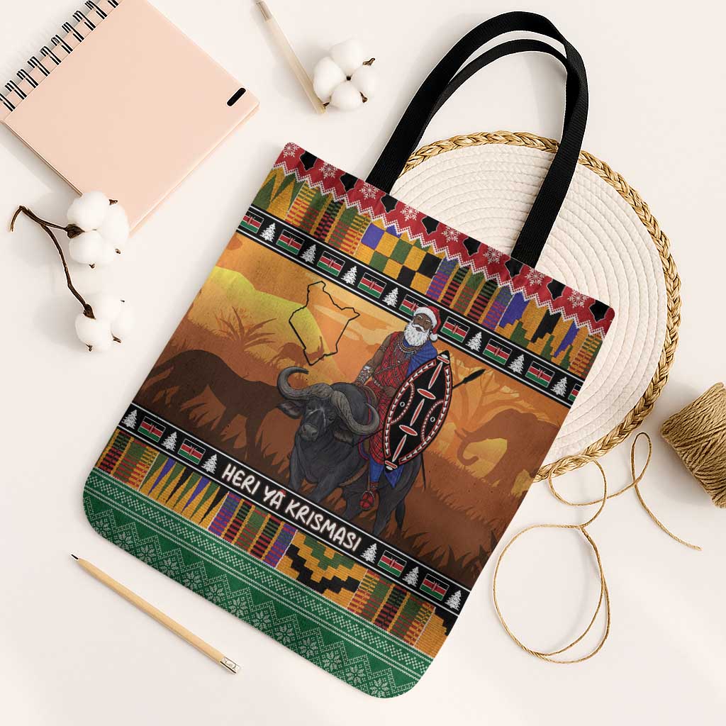 Kenya Safari Christmas Tote Bag Black Santa Riding Cape Buffalo - Heri ya Krismasi - Wonder Print Shop