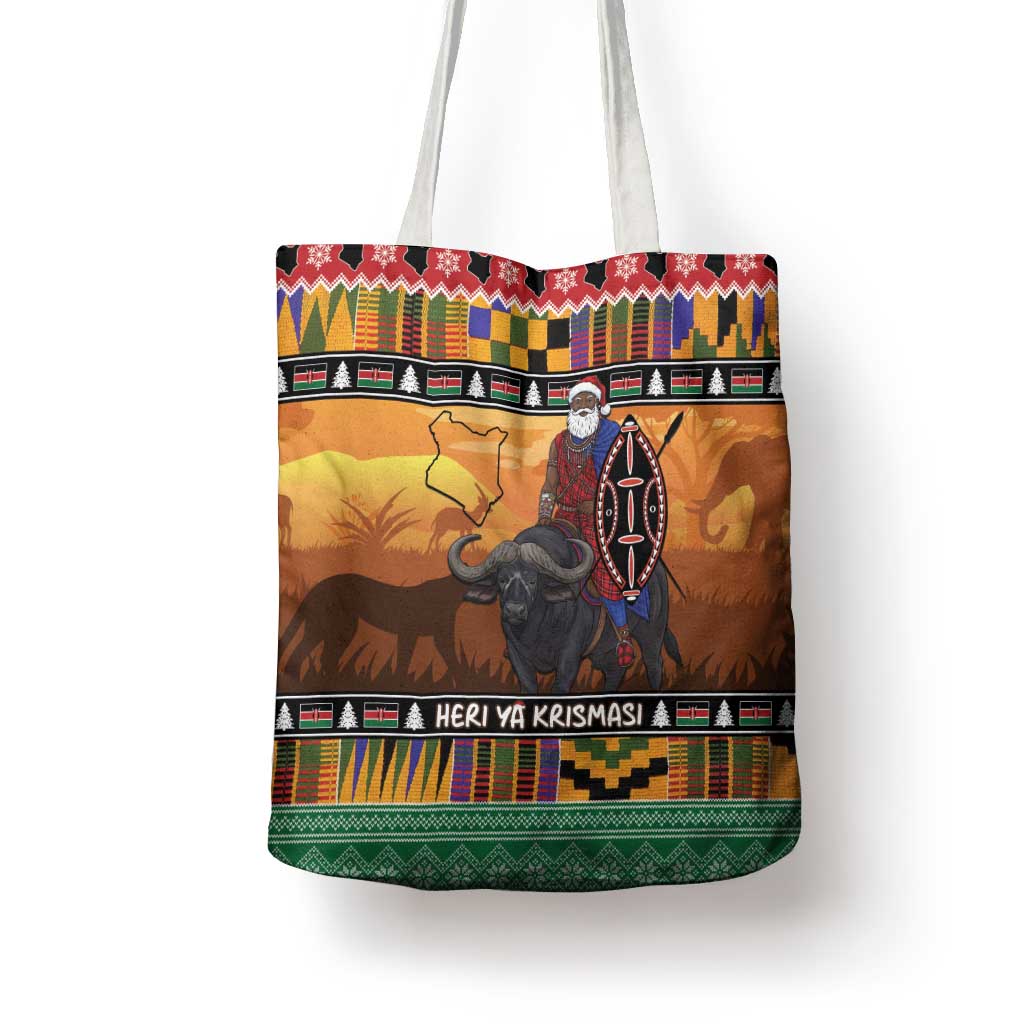 Kenya Safari Christmas Tote Bag Black Santa Riding Cape Buffalo - Heri ya Krismasi - Wonder Print Shop