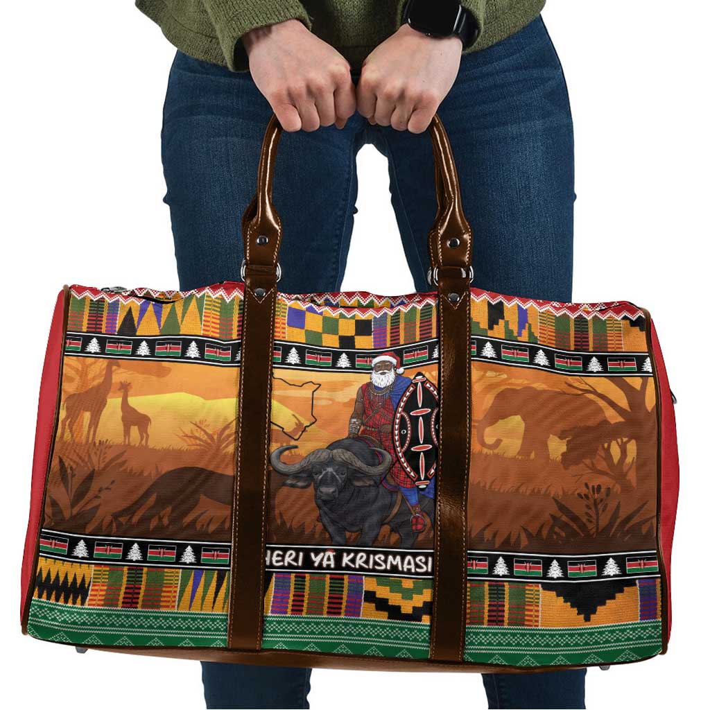 Kenya Safari Christmas Travel Bag Black Santa Riding Cape Buffalo - Heri ya Krismasi - Wonder Print Shop