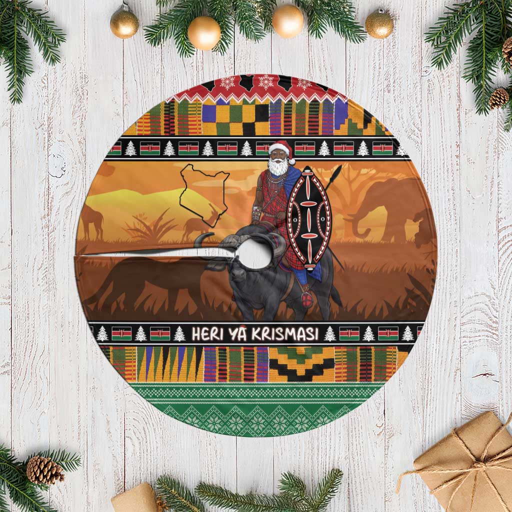 Kenya Safari Christmas Tree Skirt Black Santa Riding Cape Buffalo - Heri ya Krismasi - Wonder Print Shop