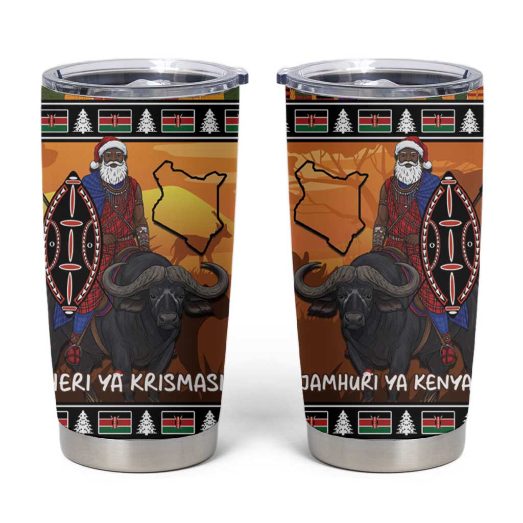Kenya Safari Christmas Tumbler Cup Black Santa Riding Cape Buffalo - Heri ya Krismasi - Wonder Print Shop
