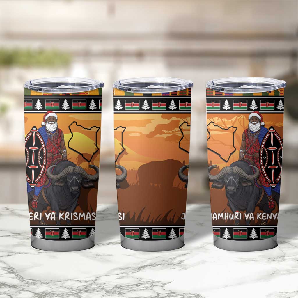Kenya Safari Christmas Tumbler Cup Black Santa Riding Cape Buffalo - Heri ya Krismasi - Wonder Print Shop