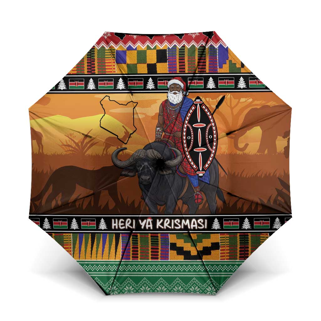 Kenya Safari Christmas Umbrella Black Santa Riding Cape Buffalo - Heri ya Krismasi - Wonder Print Shop