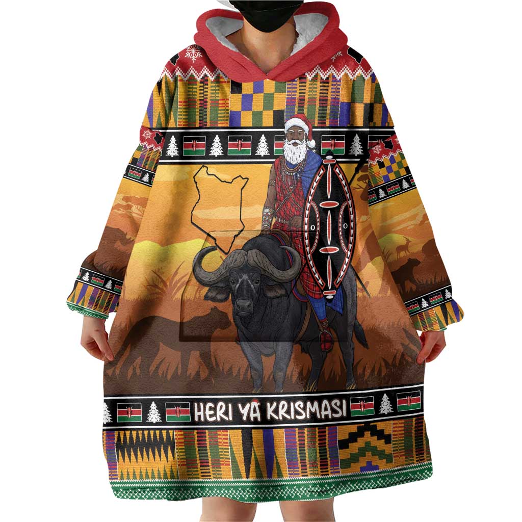 Kenya Safari Christmas Wearable Blanket Hoodie Black Santa Riding Cape Buffalo - Heri ya Krismasi - Wonder Print Shop
