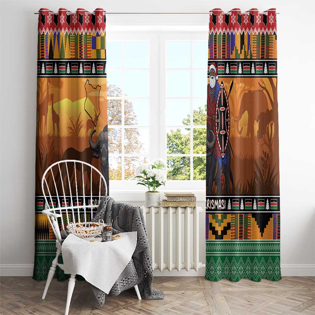 Kenya Safari Christmas Window Curtain Black Santa Riding Cape Buffalo - Heri ya Krismasi - Wonder Print Shop