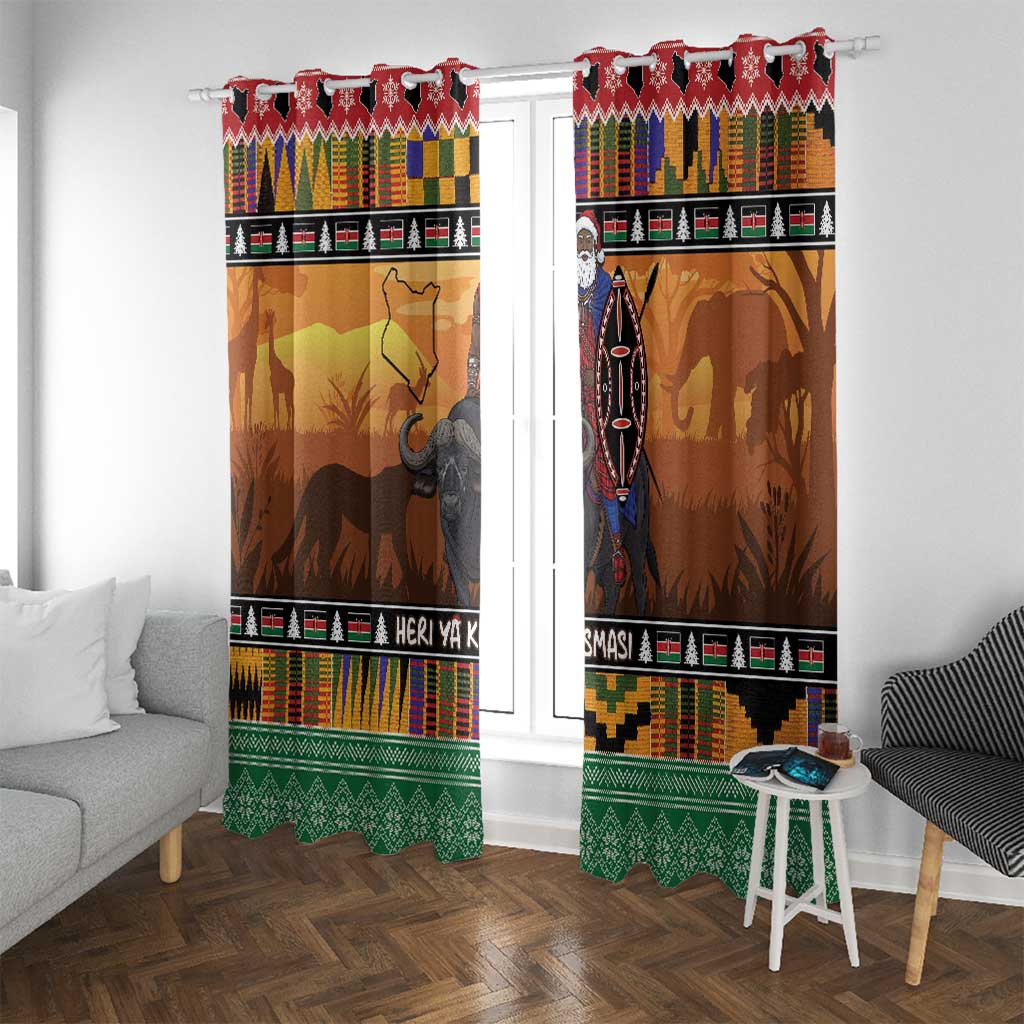 Kenya Safari Christmas Window Curtain Black Santa Riding Cape Buffalo - Heri ya Krismasi - Wonder Print Shop