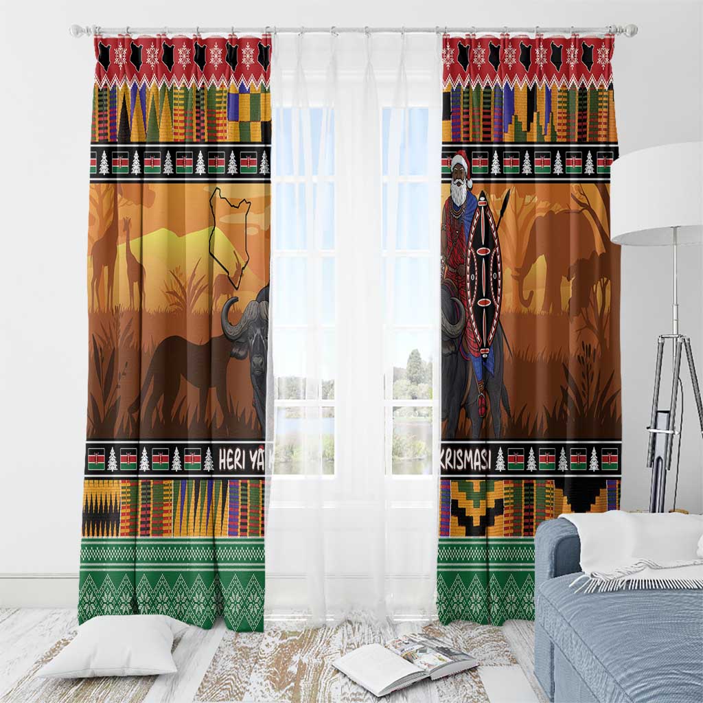 Kenya Safari Christmas Window Curtain Black Santa Riding Cape Buffalo - Heri ya Krismasi - Wonder Print Shop