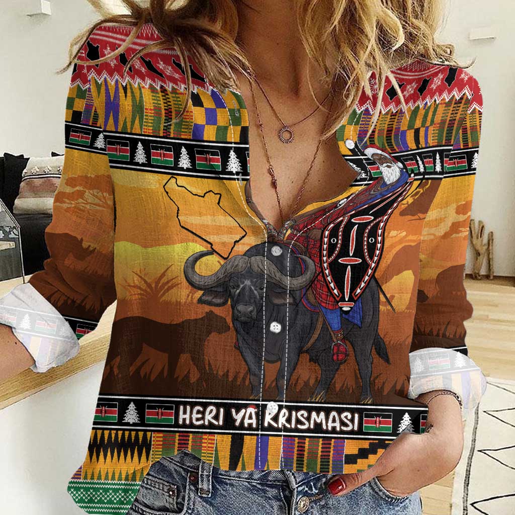 Kenya Safari Christmas Women Casual Shirt Black Santa Riding Cape Buffalo - Heri ya Krismasi - Wonder Print Shop
