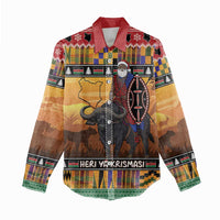 Kenya Safari Christmas Women Casual Shirt Black Santa Riding Cape Buffalo - Heri ya Krismasi - Wonder Print Shop