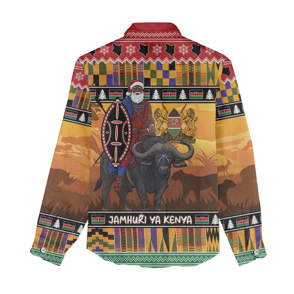 Kenya Safari Christmas Women Casual Shirt Black Santa Riding Cape Buffalo - Heri ya Krismasi - Wonder Print Shop