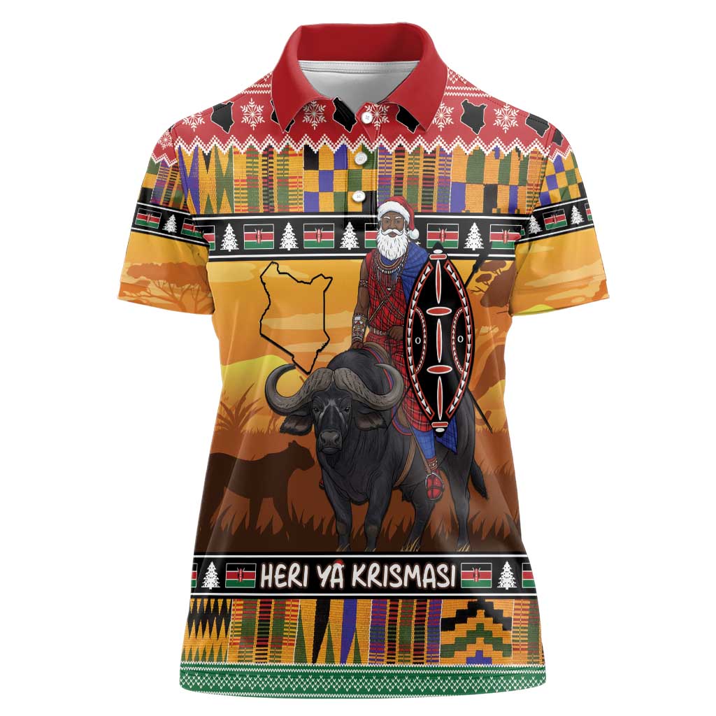 Kenya Safari Christmas Women Polo Shirt Black Santa Riding Cape Buffalo - Heri ya Krismasi - Wonder Print Shop