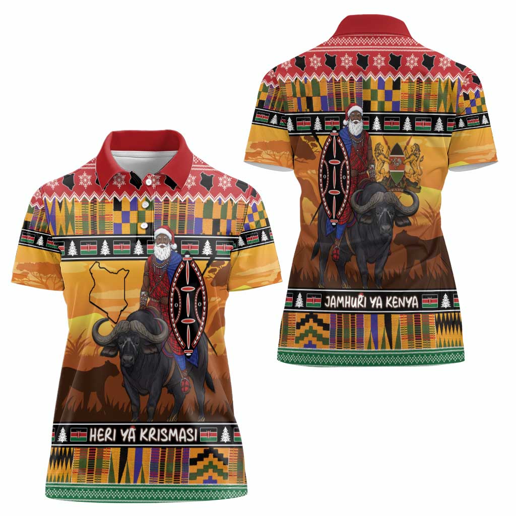 Kenya Safari Christmas Women Polo Shirt Black Santa Riding Cape Buffalo - Heri ya Krismasi - Wonder Print Shop