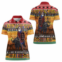 Kenya Safari Christmas Women Polo Shirt Black Santa Riding Cape Buffalo - Heri ya Krismasi - Wonder Print Shop