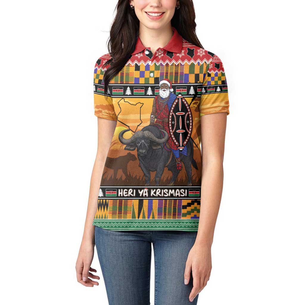 Kenya Safari Christmas Women Polo Shirt Black Santa Riding Cape Buffalo - Heri ya Krismasi - Wonder Print Shop
