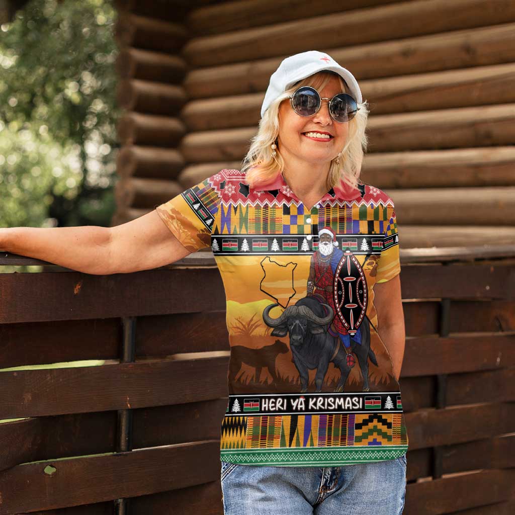 Kenya Safari Christmas Women Polo Shirt Black Santa Riding Cape Buffalo - Heri ya Krismasi - Wonder Print Shop