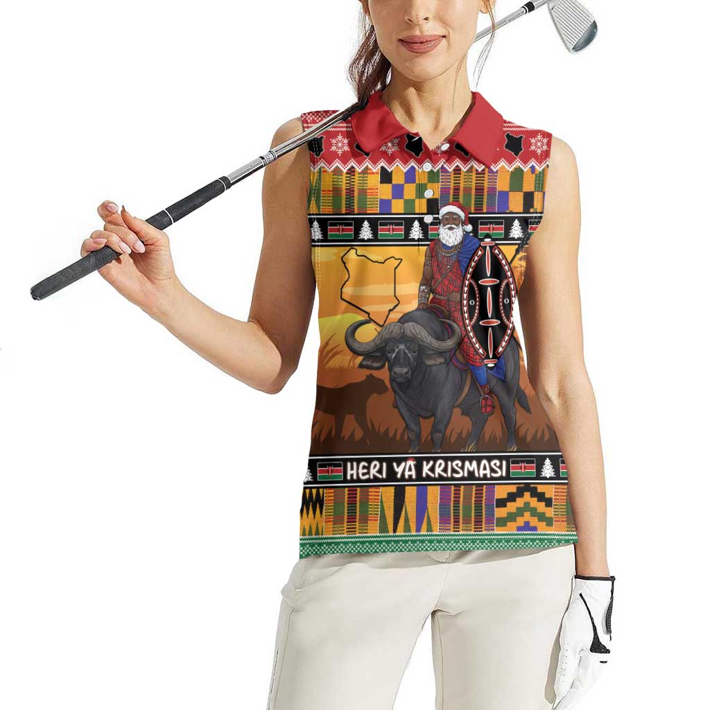 Kenya Safari Christmas Women Sleeveless Polo Shirt Black Santa Riding Cape Buffalo - Heri ya Krismasi - Wonder Print Shop