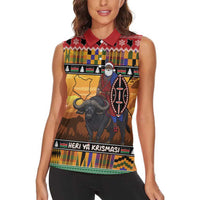 Kenya Safari Christmas Women Sleeveless Polo Shirt Black Santa Riding Cape Buffalo - Heri ya Krismasi - Wonder Print Shop
