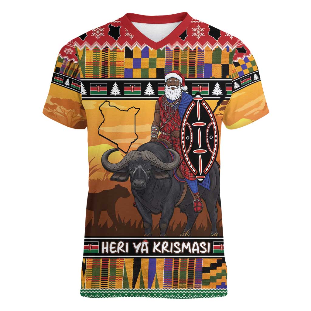 Kenya Safari Christmas Women V-Neck T-Shirt Black Santa Riding Cape Buffalo - Heri ya Krismasi - Wonder Print Shop