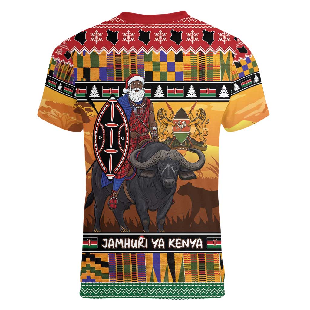 Kenya Safari Christmas Women V-Neck T-Shirt Black Santa Riding Cape Buffalo - Heri ya Krismasi - Wonder Print Shop
