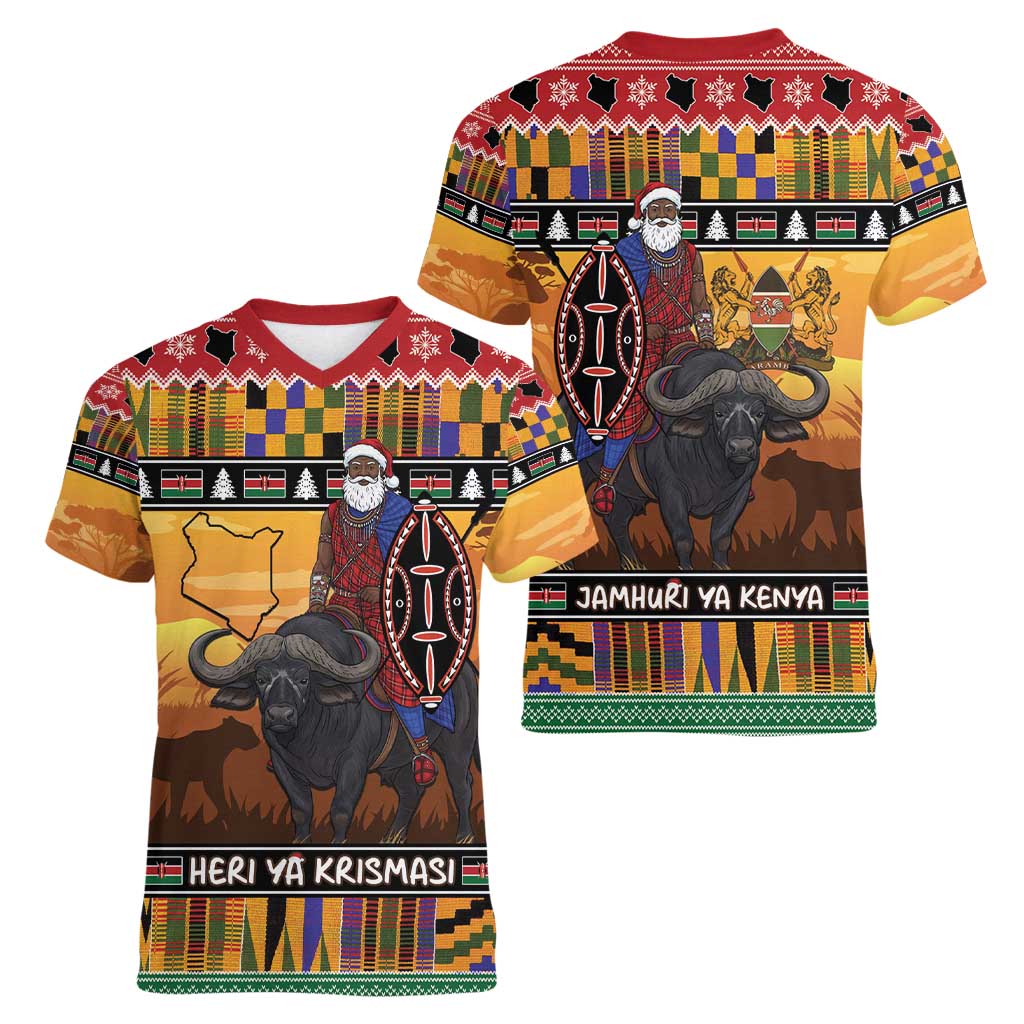 Kenya Safari Christmas Women V-Neck T-Shirt Black Santa Riding Cape Buffalo - Heri ya Krismasi - Wonder Print Shop