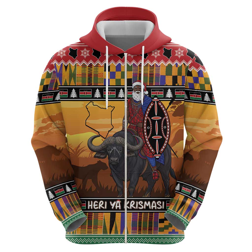 Kenya Safari Christmas Zip Hoodie Black Santa Riding Cape Buffalo - Heri ya Krismasi - Wonder Print Shop