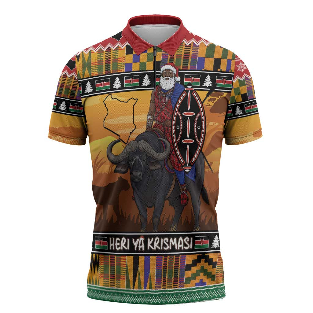 Kenya Safari Christmas Zipper Polo Shirt Black Santa Riding Cape Buffalo - Heri ya Krismasi - Wonder Print Shop