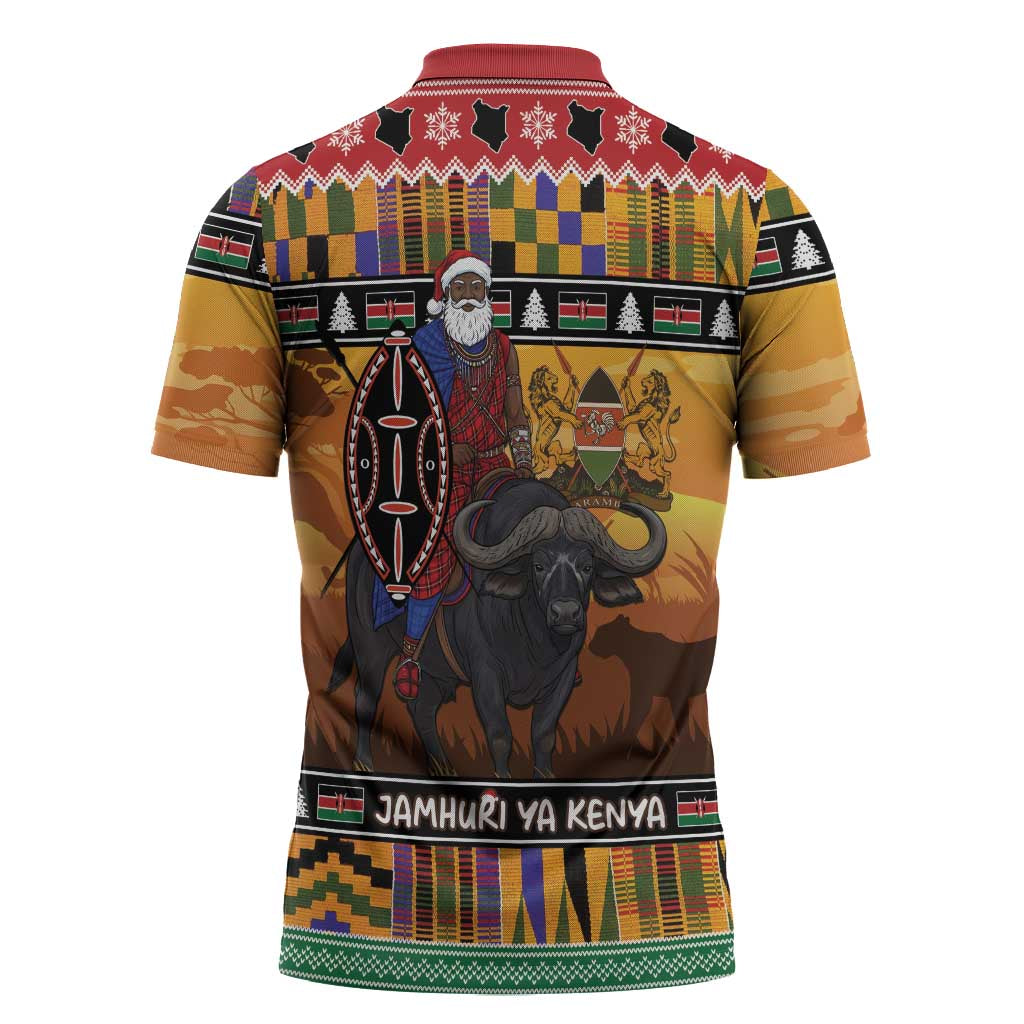 Kenya Safari Christmas Zipper Polo Shirt Black Santa Riding Cape Buffalo - Heri ya Krismasi - Wonder Print Shop