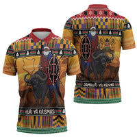 Kenya Safari Christmas Zipper Polo Shirt Black Santa Riding Cape Buffalo - Heri ya Krismasi - Wonder Print Shop