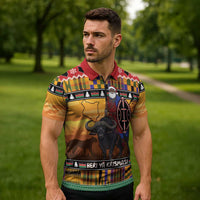 Kenya Safari Christmas Zipper Polo Shirt Black Santa Riding Cape Buffalo - Heri ya Krismasi - Wonder Print Shop