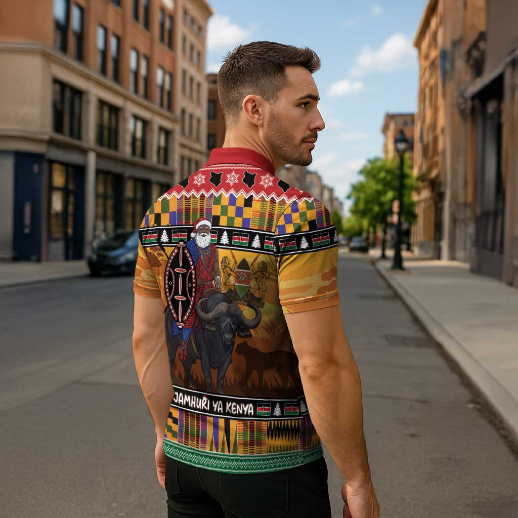 Kenya Safari Christmas Zipper Polo Shirt Black Santa Riding Cape Buffalo - Heri ya Krismasi - Wonder Print Shop