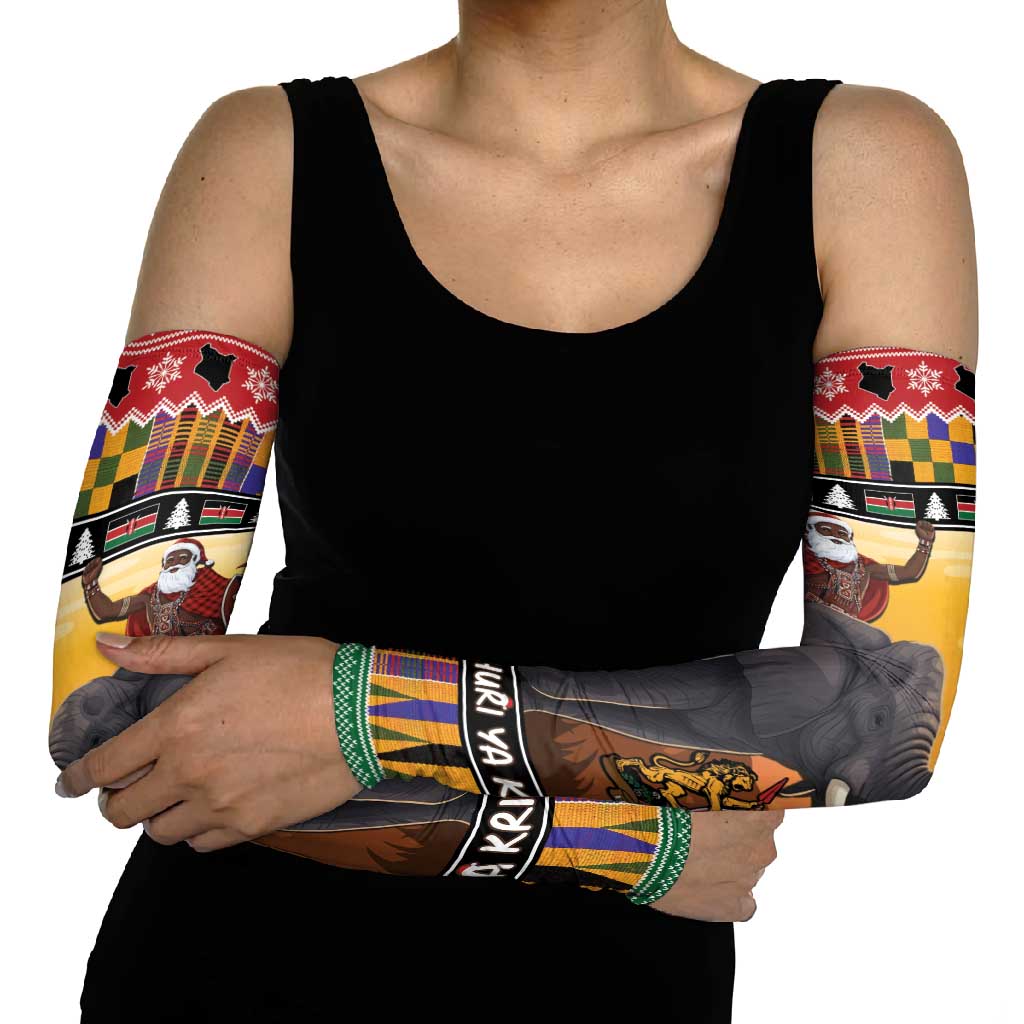 Kenya Safari Christmas Arm Sleeves Black Santa Riding Elephant - Heri ya Krismasi - Wonder Print Shop