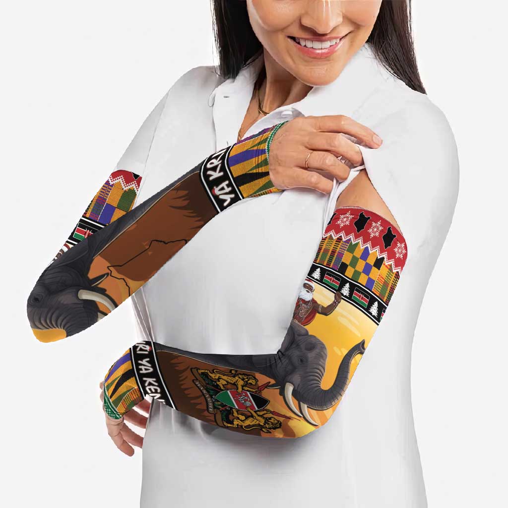 Kenya Safari Christmas Arm Sleeves Black Santa Riding Elephant - Heri ya Krismasi - Wonder Print Shop
