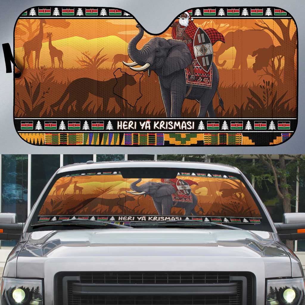 Kenya Safari Christmas Auto Sun Shade Black Santa Riding Elephant - Heri ya Krismasi - Wonder Print Shop