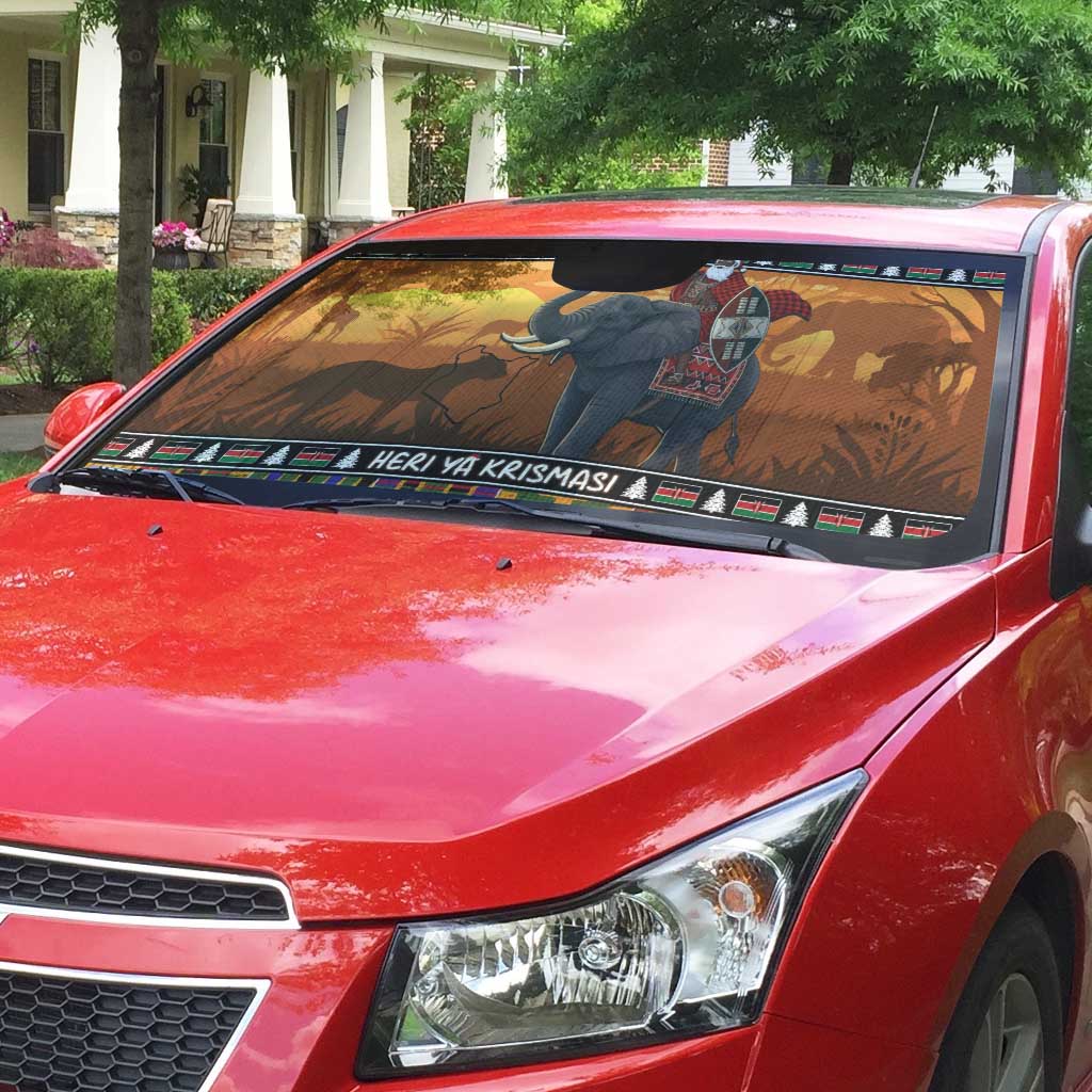 Kenya Safari Christmas Auto Sun Shade Black Santa Riding Elephant - Heri ya Krismasi - Wonder Print Shop