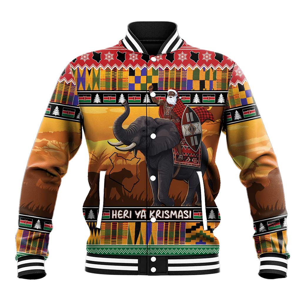 Kenya Safari Christmas Baseball Jacket Black Santa Riding Elephant - Heri ya Krismasi - Wonder Print Shop