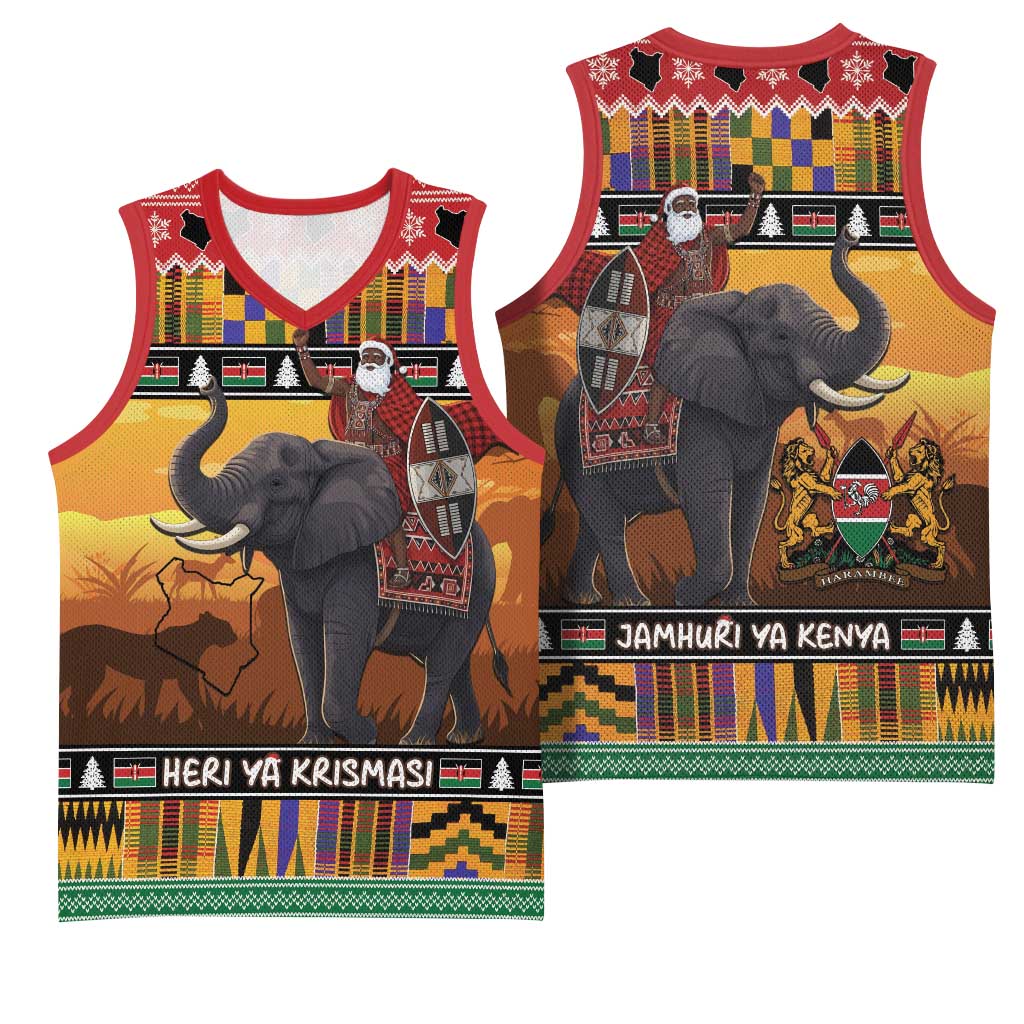 Kenya Safari Christmas Basketball Jersey Black Santa Riding Elephant - Heri ya Krismasi - Wonder Print Shop