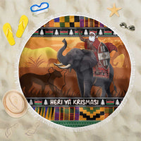 Kenya Safari Christmas Beach Blanket Black Santa Riding Elephant - Heri ya Krismasi - Wonder Print Shop