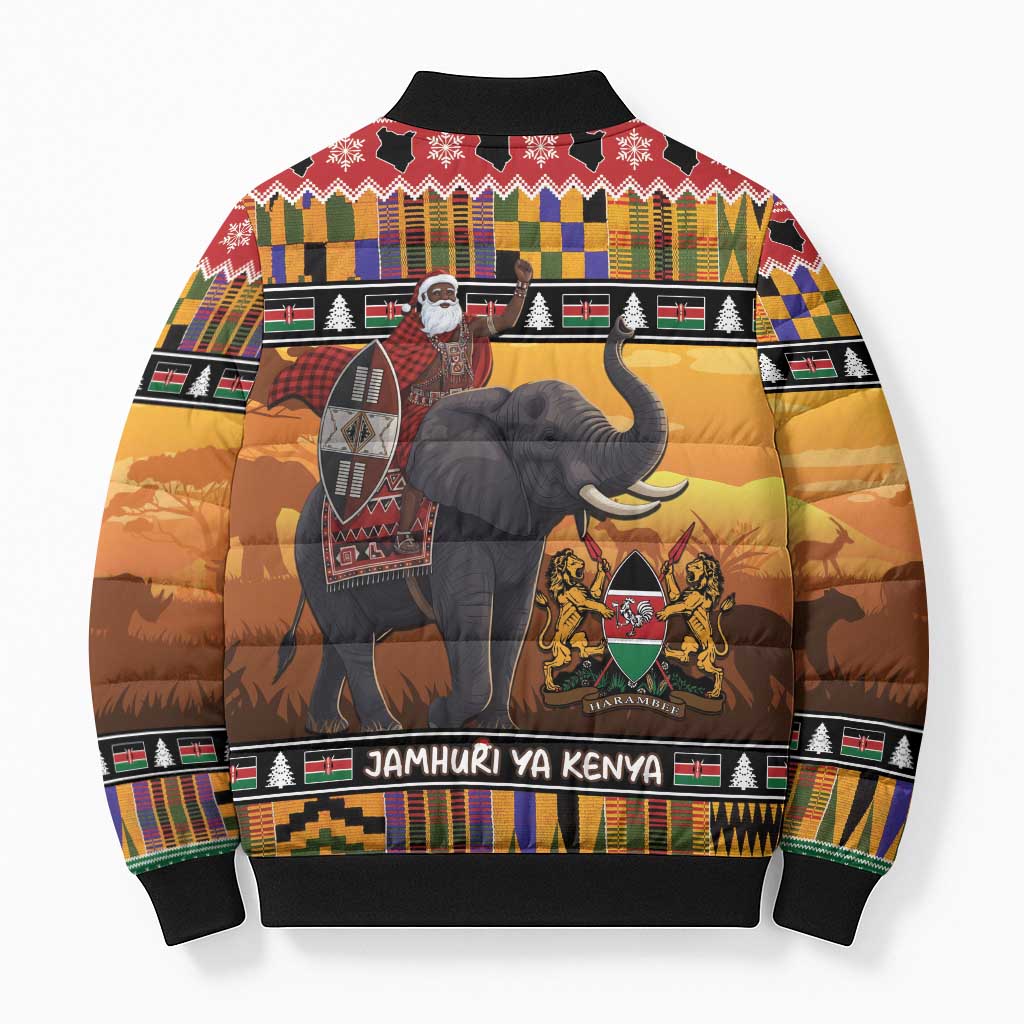 Kenya Safari Christmas Bomber Puffer Jacket Black Santa Riding Elephant - Heri ya Krismasi - Wonder Print Shop