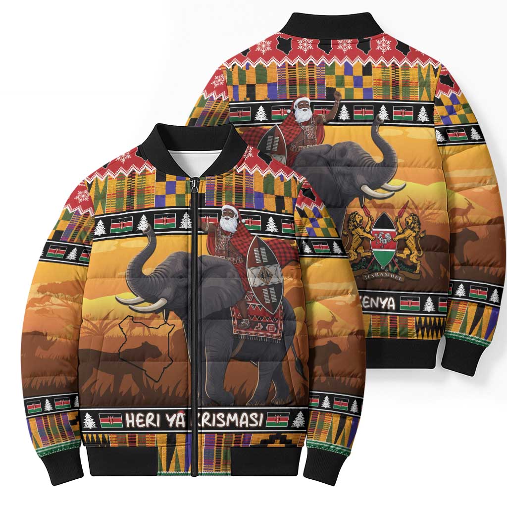 Kenya Safari Christmas Bomber Puffer Jacket Black Santa Riding Elephant - Heri ya Krismasi - Wonder Print Shop