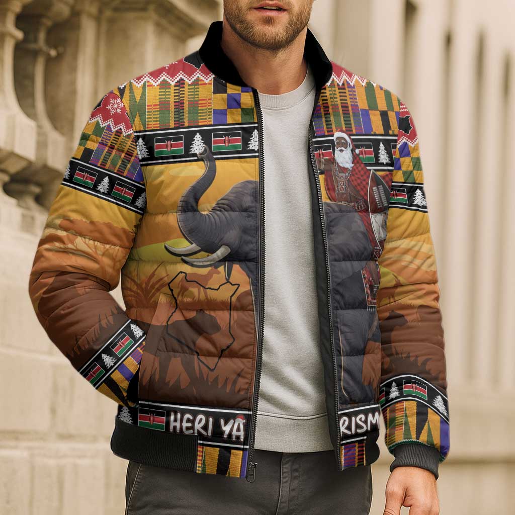 Kenya Safari Christmas Bomber Puffer Jacket Black Santa Riding Elephant - Heri ya Krismasi - Wonder Print Shop