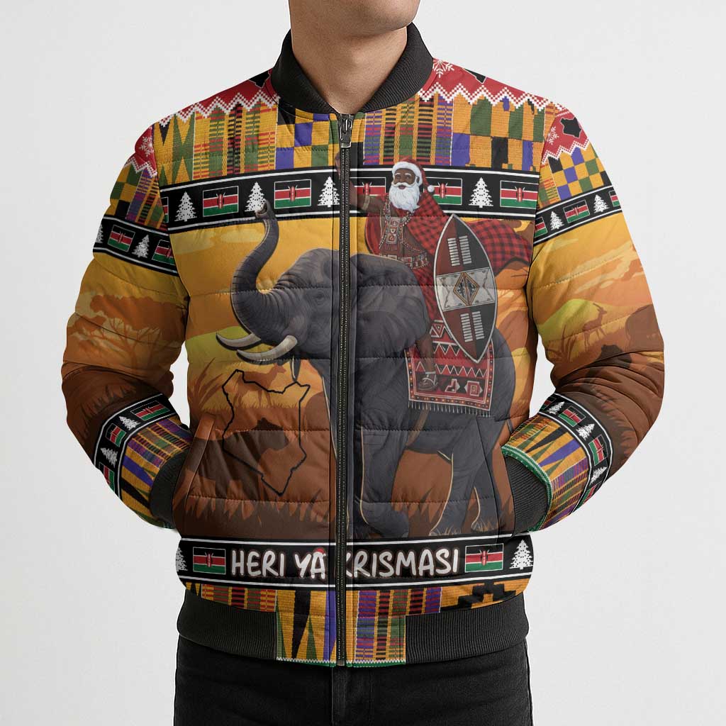 Kenya Safari Christmas Bomber Puffer Jacket Black Santa Riding Elephant - Heri ya Krismasi - Wonder Print Shop