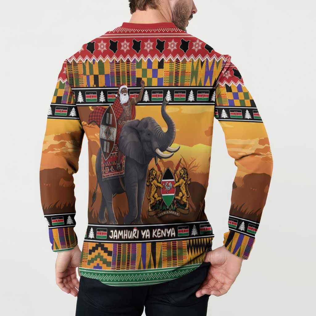 Kenya Safari Christmas Button Sweatshirt Black Santa Riding Elephant - Heri ya Krismasi - Wonder Print Shop